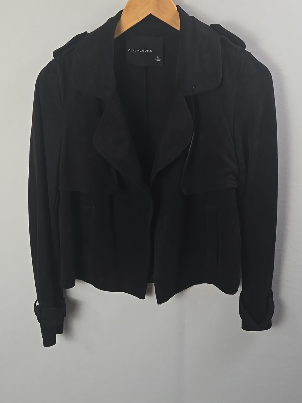 Olivaceous Open Front Black Cropped Trench Jacket Sz S Boho Whimsical Goth